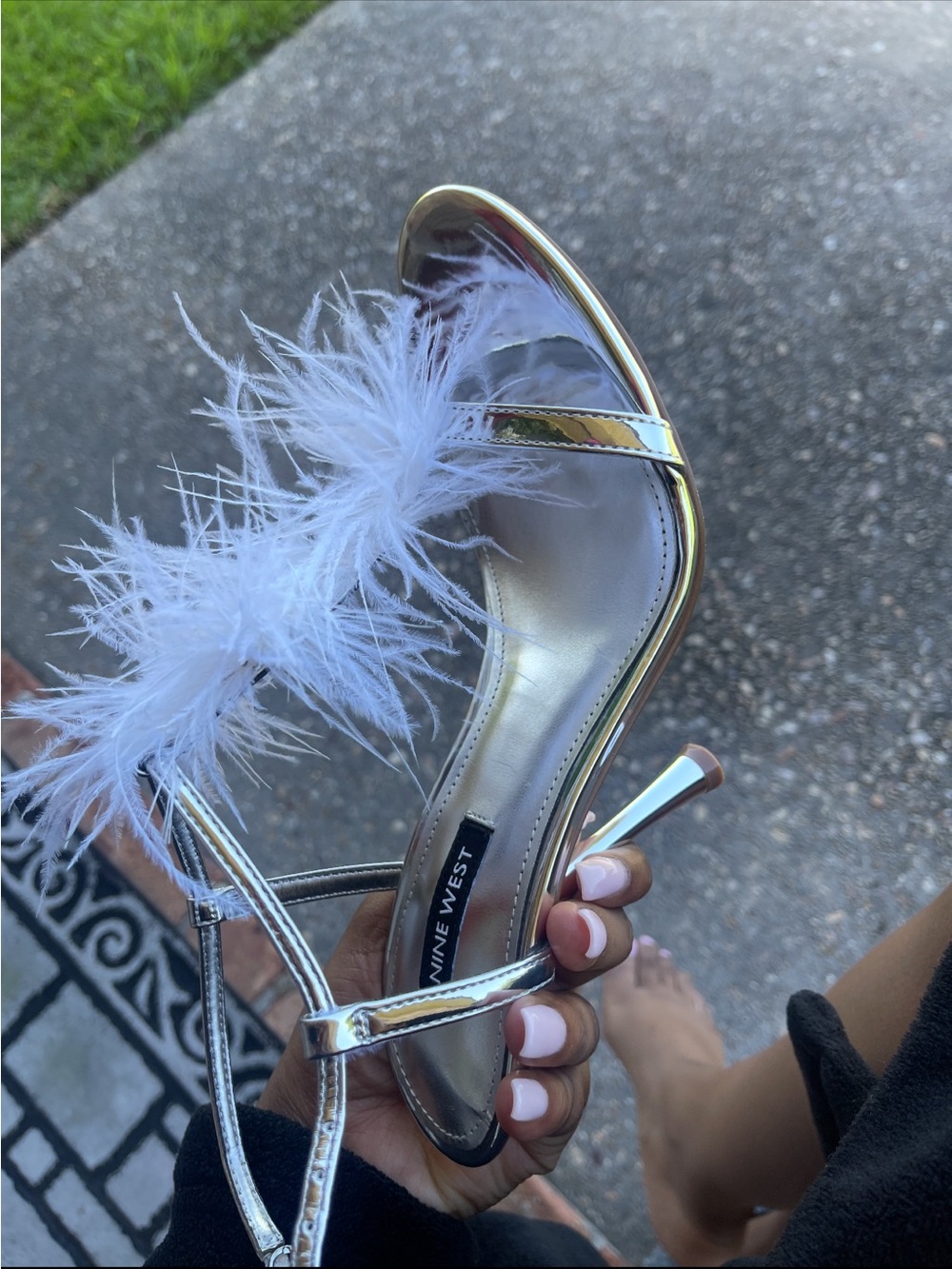 Feather Trim White Slingback Heels - Women's Dress Sandals - Nine West - Picture 7 of 7